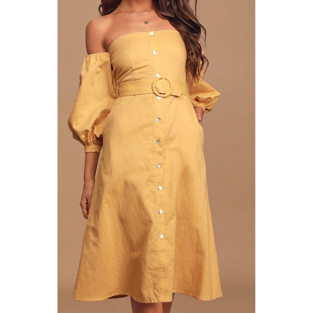 Capulet Monroe Light Yellow‎ Off-the-Shoulder Button-Up Midi Dress